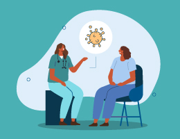 An illustration of a healthcare professional talking with a patient, with a human cell shown in a speech bubble.