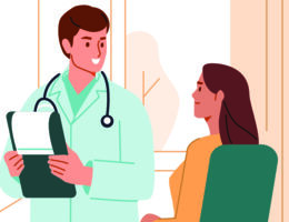 Illustration of a doctor talking to a woman sitting down.