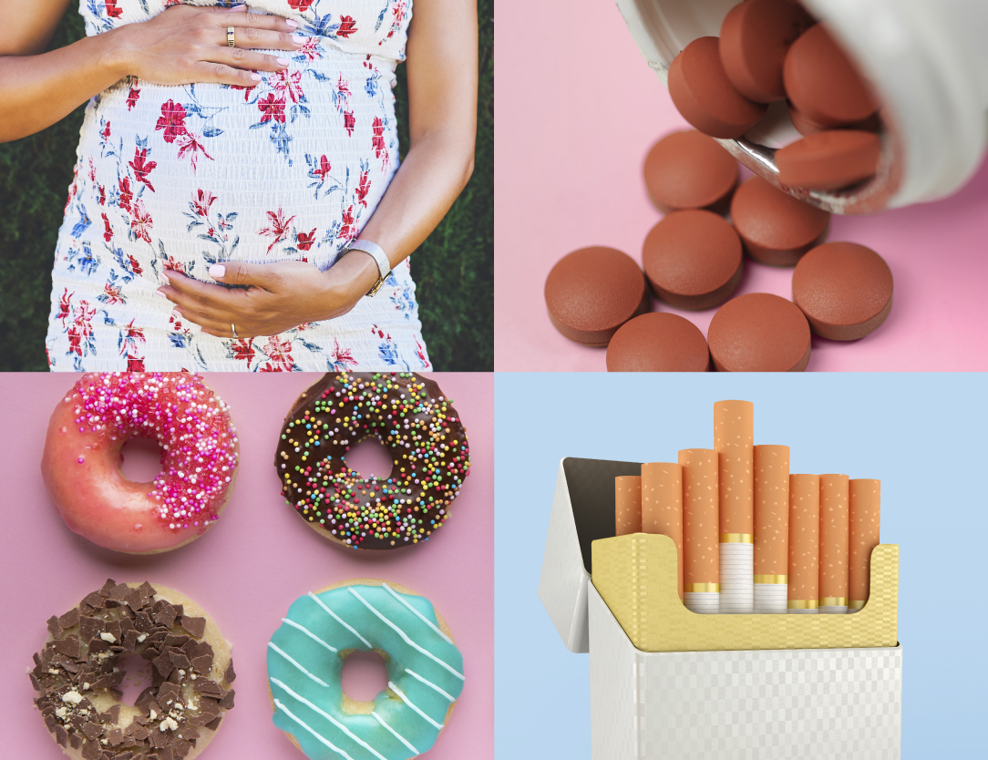 A collage showing a pregnant belly, medications, colorful donuts and a pack of cigarettes.