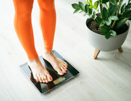 A lower-body view of someone standing on a scale, with a houseplant on the floor nearby.